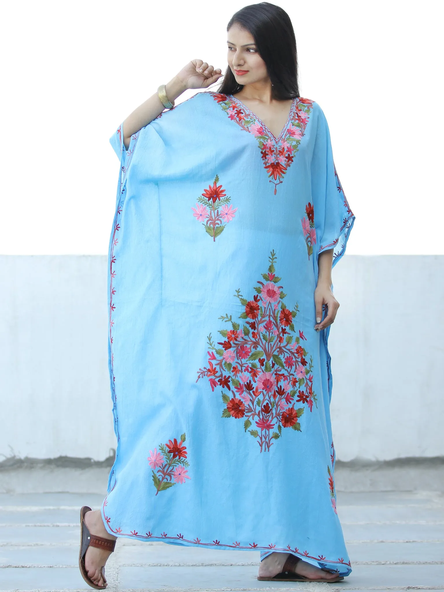 Sky Blue Red  Aari Embroidered Kashmere Free Size Kaftan in Crushed Cotton - K11K060