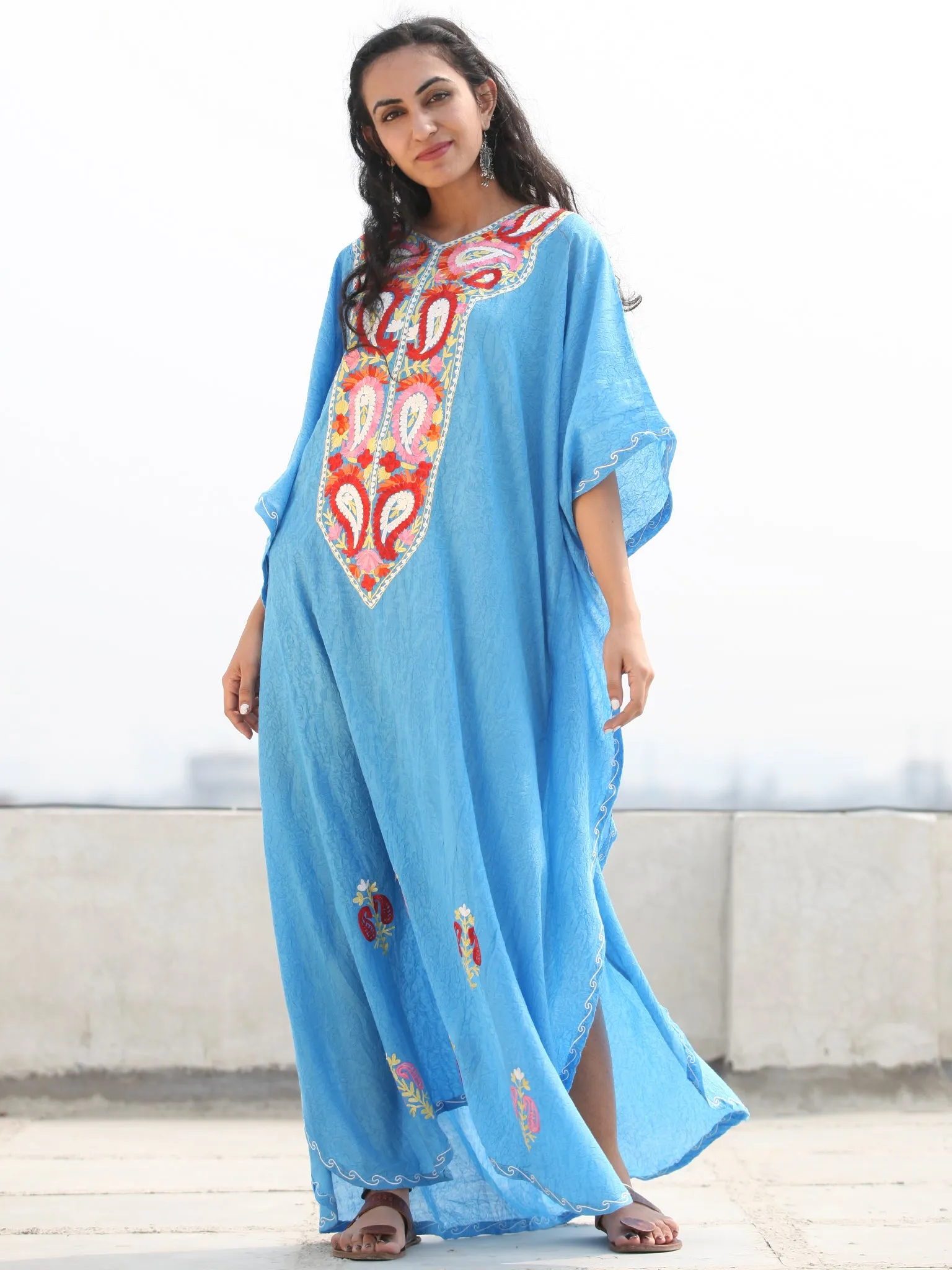 Sky Blue Red Coral Aari Embroidered Kashmere Free Size Kaftan in Crushed Cotton - K11K067