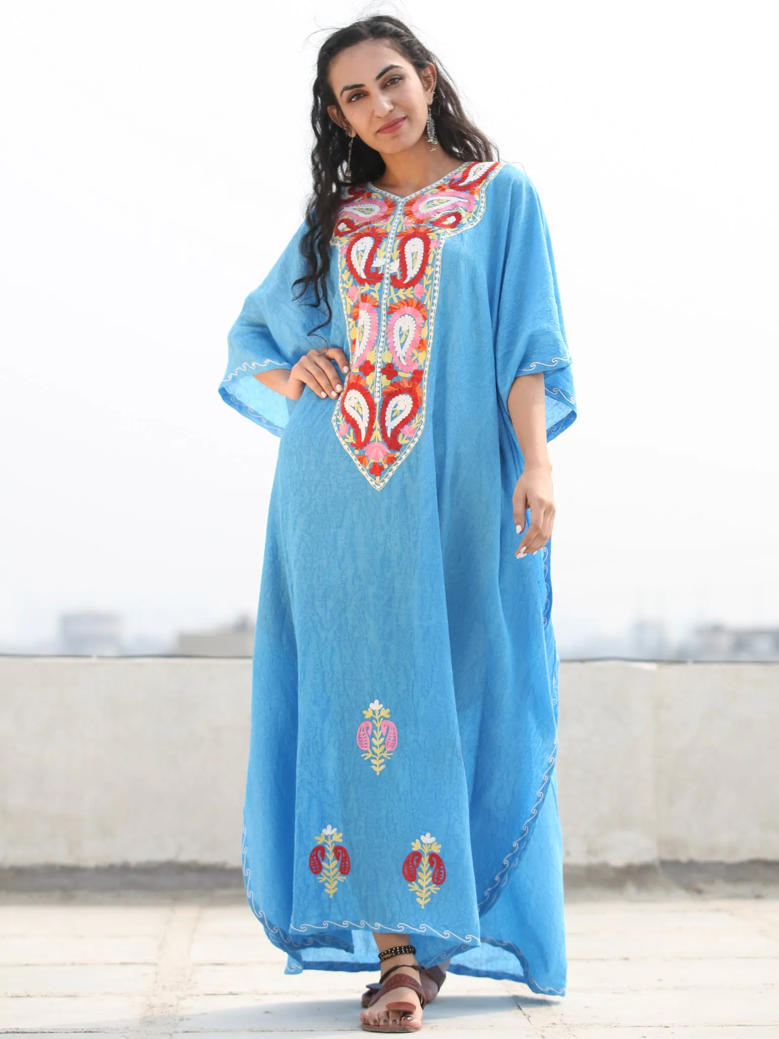 Sky Blue Red Coral Aari Embroidered Kashmere Free Size Kaftan in Crushed Cotton - K11K067