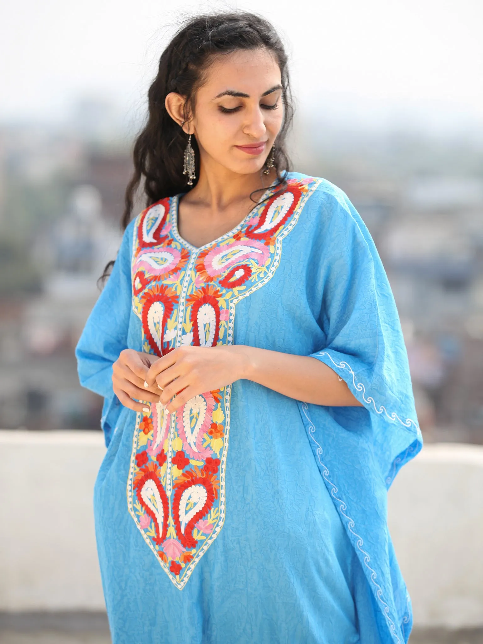 Sky Blue Red Coral Aari Embroidered Kashmere Free Size Kaftan in Crushed Cotton - K11K067