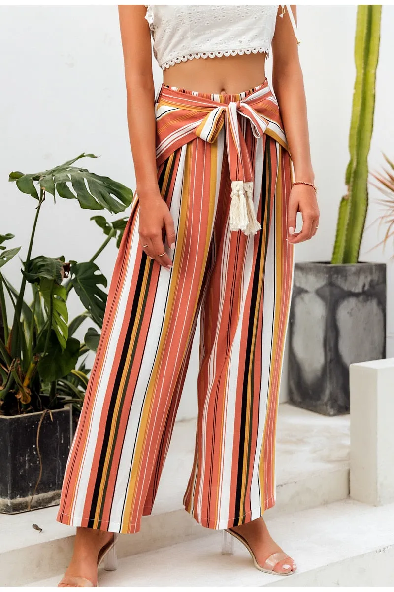 Split Wide Leg Stripe Pants with Tassel