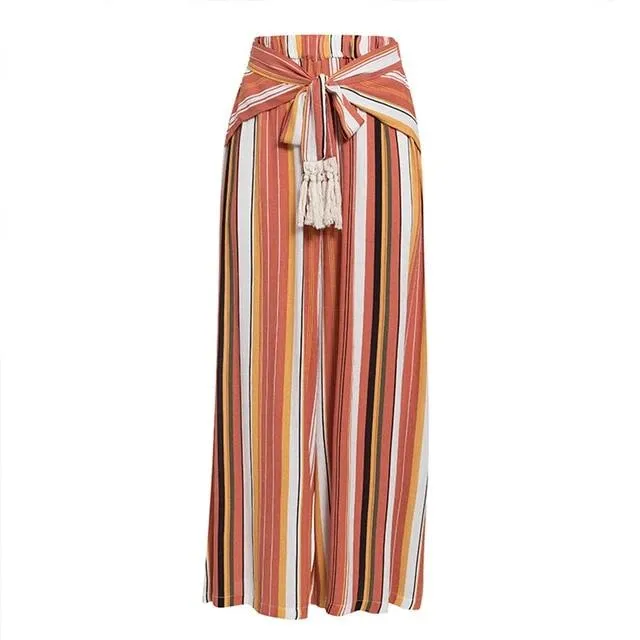 Split Wide Leg Stripe Pants with Tassel