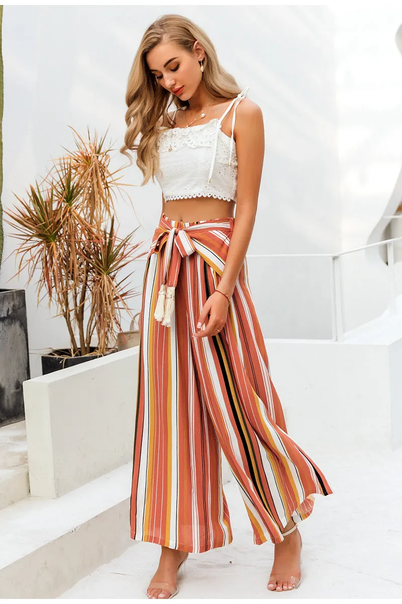 Split Wide Leg Stripe Pants with Tassel