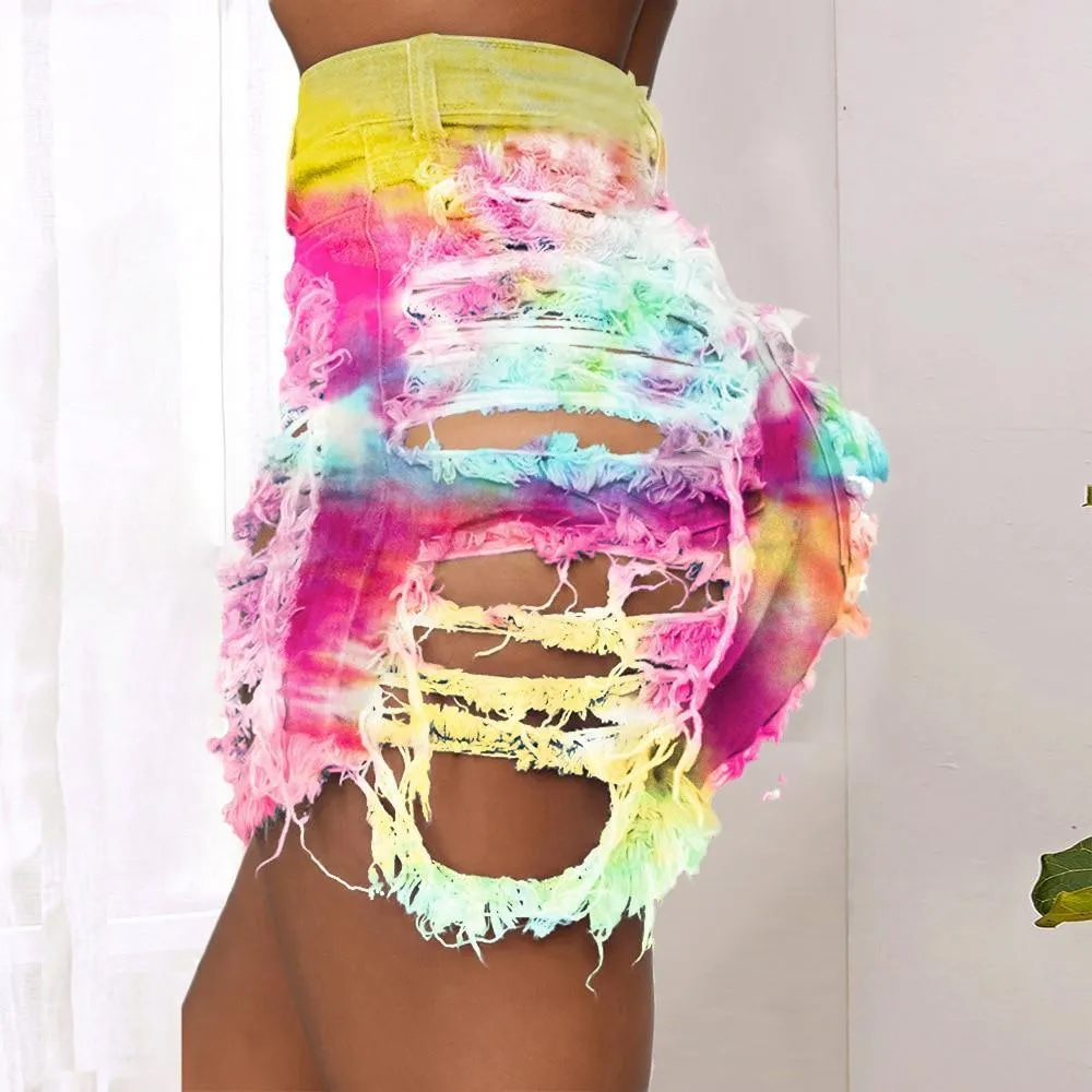 Tie & Dye Ripped Jeans Shorts