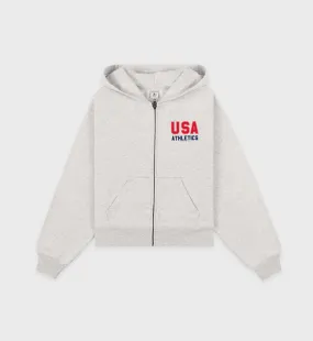 USA Athletics Cropped Zip Hoodie - Heather Gray/Navy/Sports Red