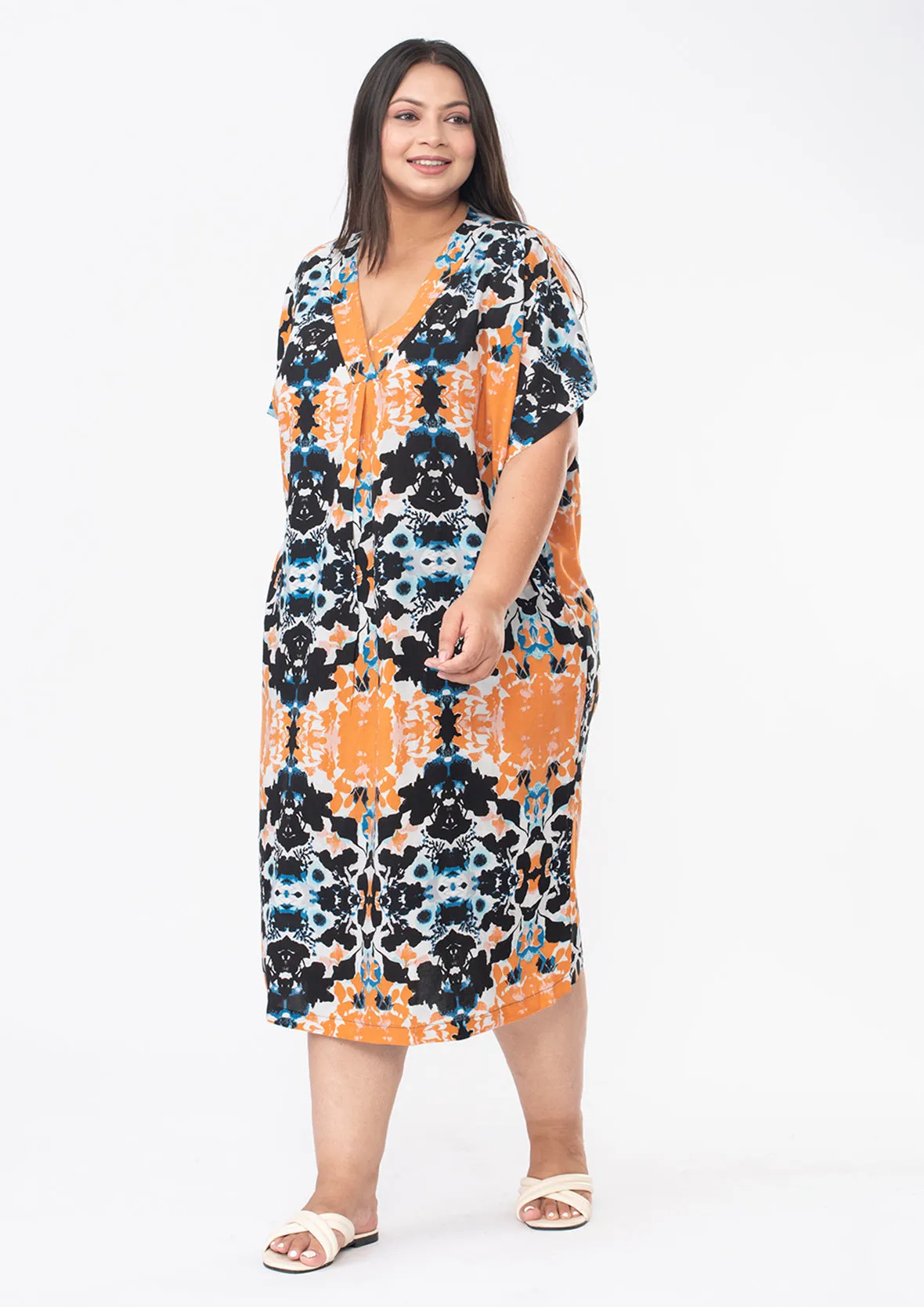 V-Neck Printed Kaftan Dress