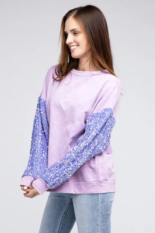 Velvet Sequin Sleeve Mineral Washed Top in Periwinkle