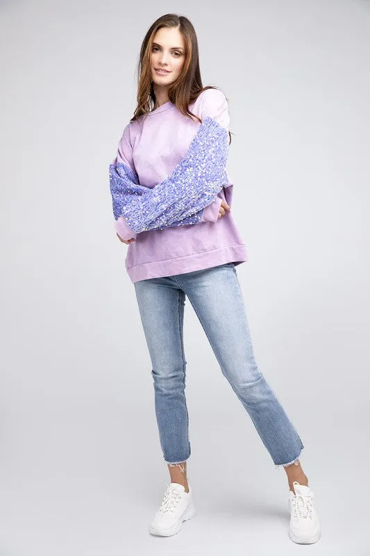 Velvet Sequin Sleeve Mineral Washed Top in Periwinkle