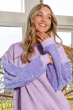 Velvet Sequin Sleeve Mineral Washed Top in Periwinkle