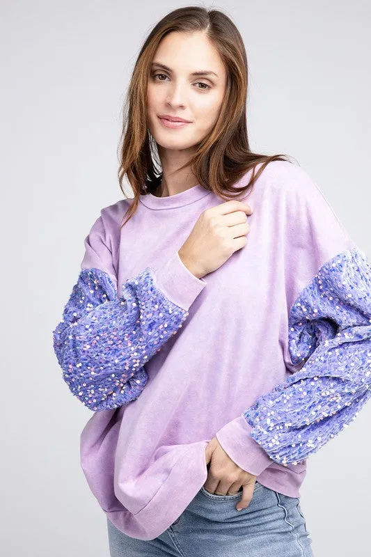 Velvet Sequin Sleeve Mineral Washed Top in Periwinkle