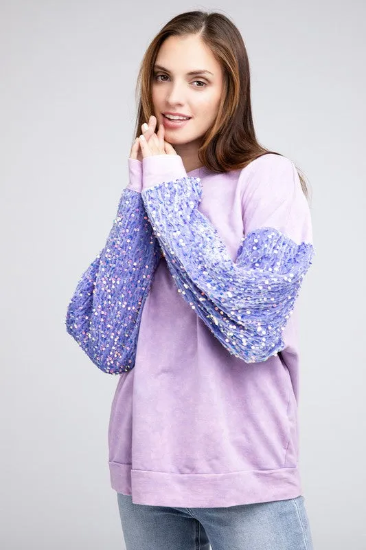 Velvet Sequin Sleeve Mineral Washed Top in Periwinkle