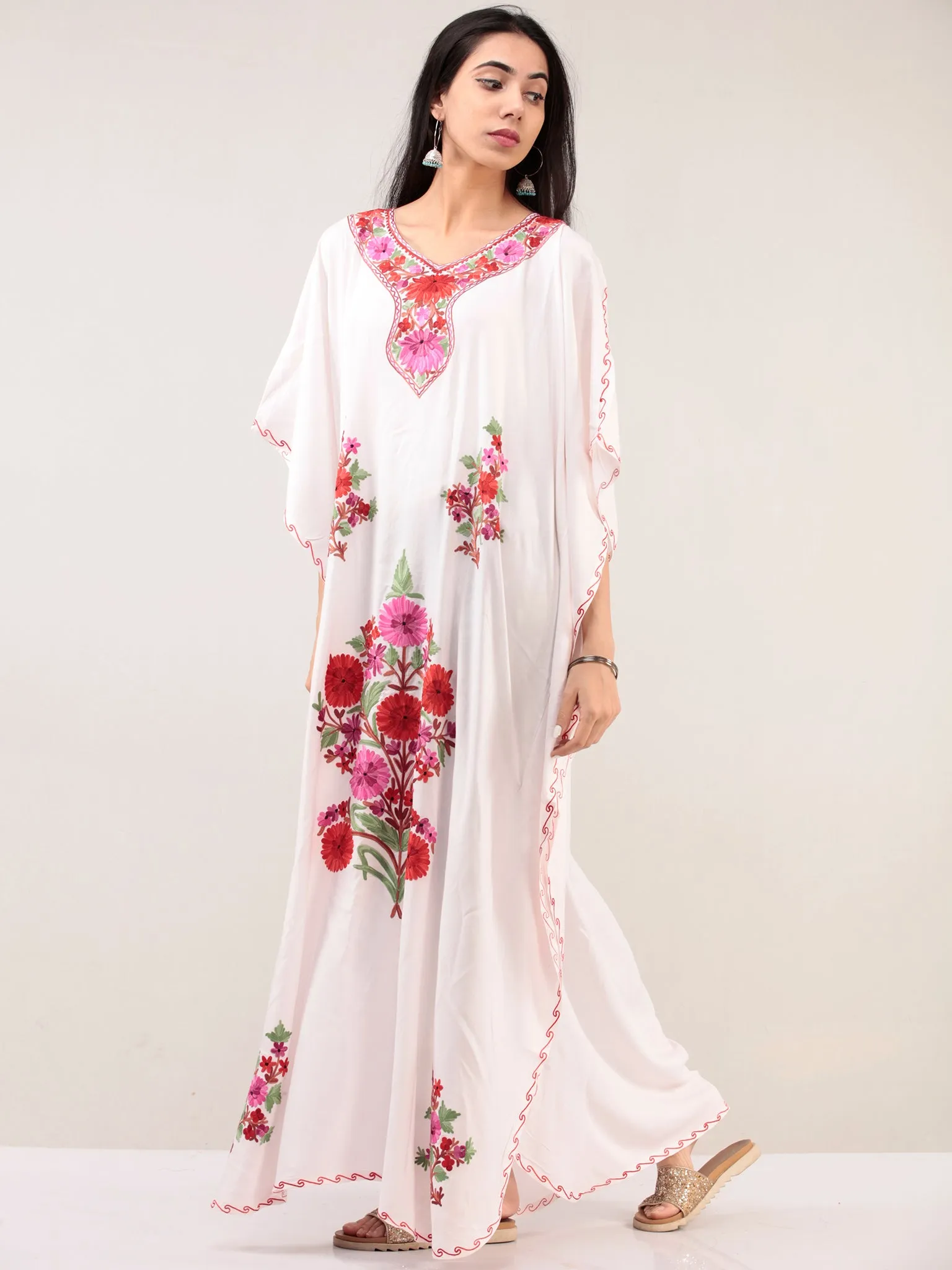 White Aari Embroidered Kashmere Free Size Kaftan  - K12K047