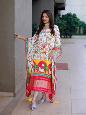 White Color Digital Printed Pure Gaji Silk Kaftan Dresses