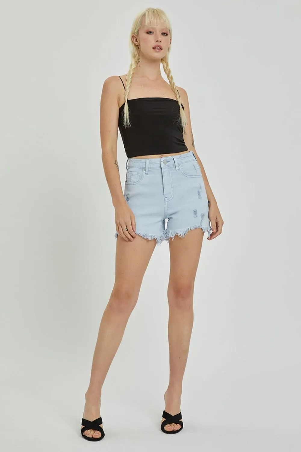 Women's Distressed Detail High-Rise Denim Shorts