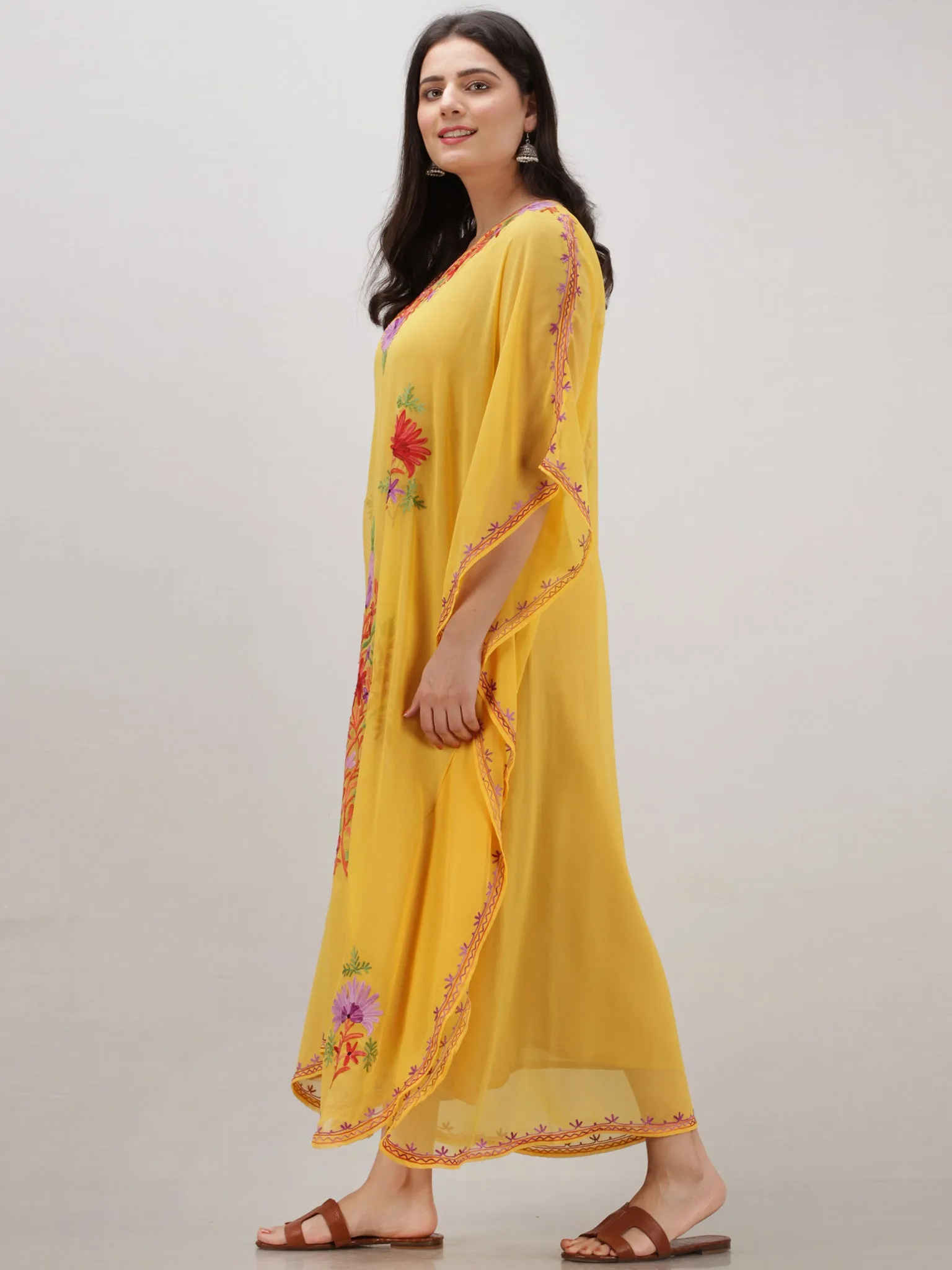 Yellow Multicolor Aari Embroidered Kashmere Free Size Georgette Kaftan  - K12K002