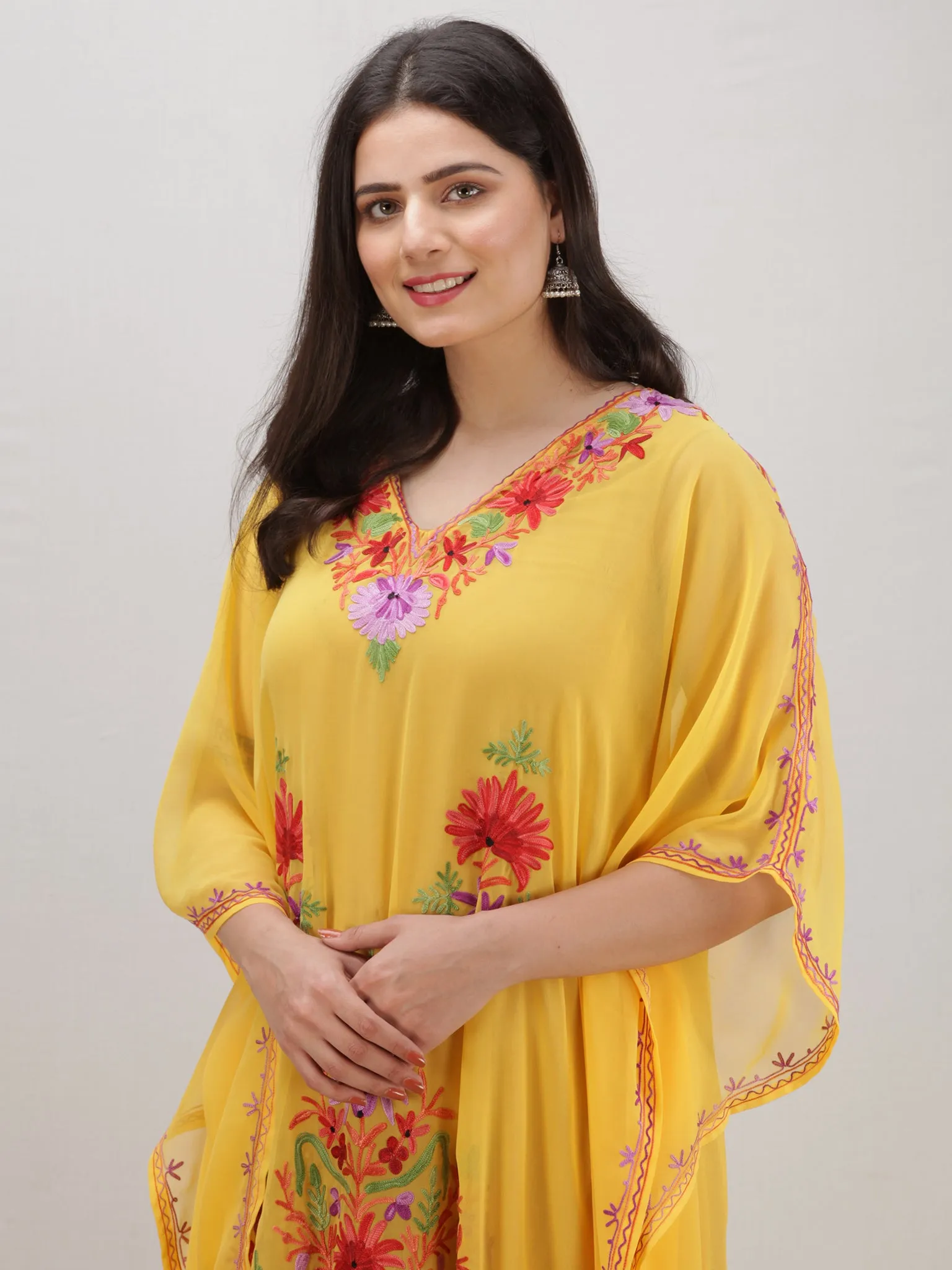 Yellow Multicolor Aari Embroidered Kashmere Free Size Georgette Kaftan  - K12K002