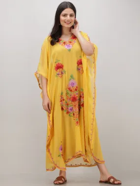 Yellow Multicolor Aari Embroidered Kashmere Free Size Georgette Kaftan  - K12K002