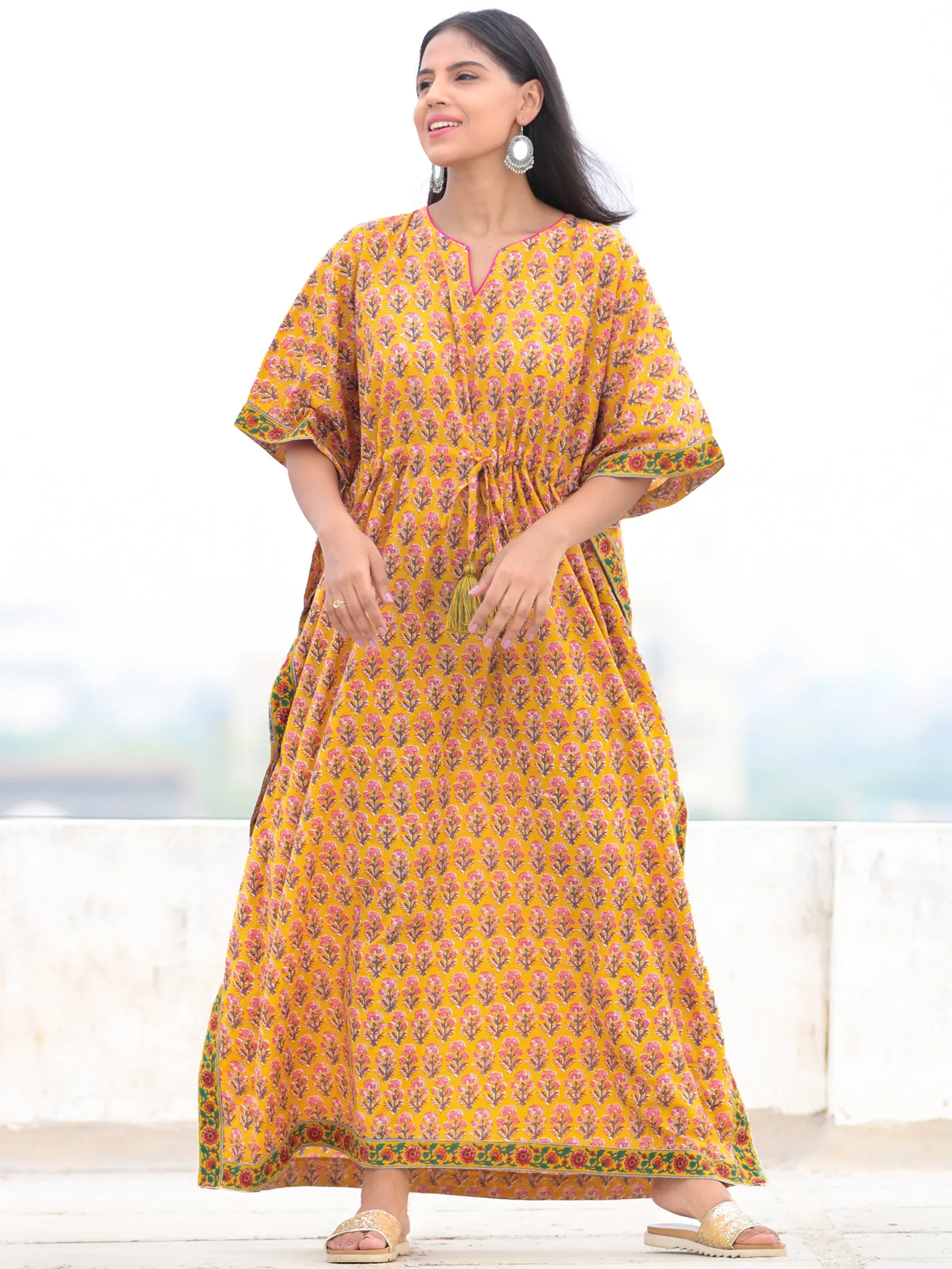 Yellow Pink Green Hand Block Printed Kaftan - K003F2056