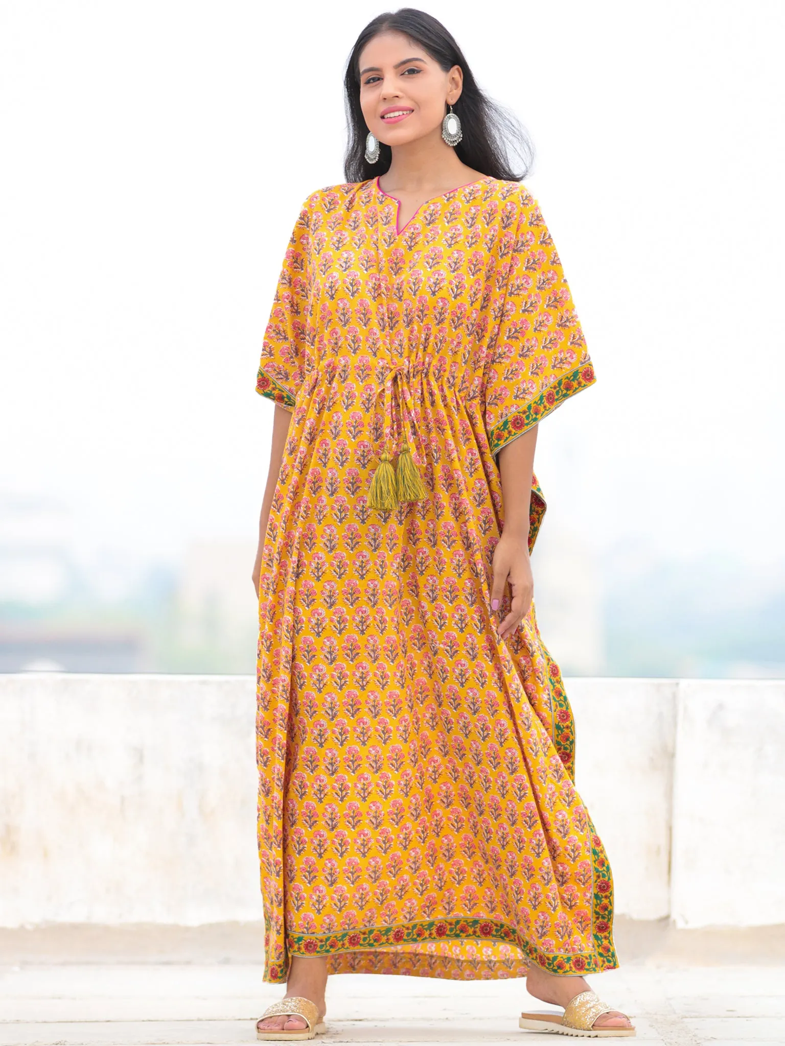 Yellow Pink Green Hand Block Printed Kaftan - K003F2056