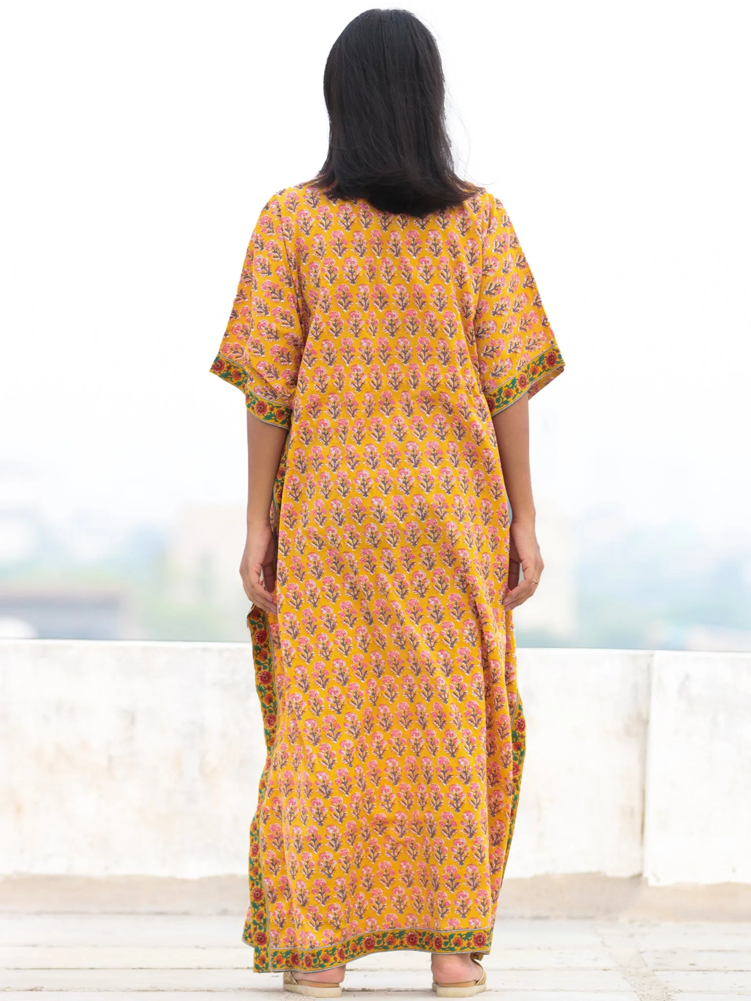 Yellow Pink Green Hand Block Printed Kaftan - K003F2056