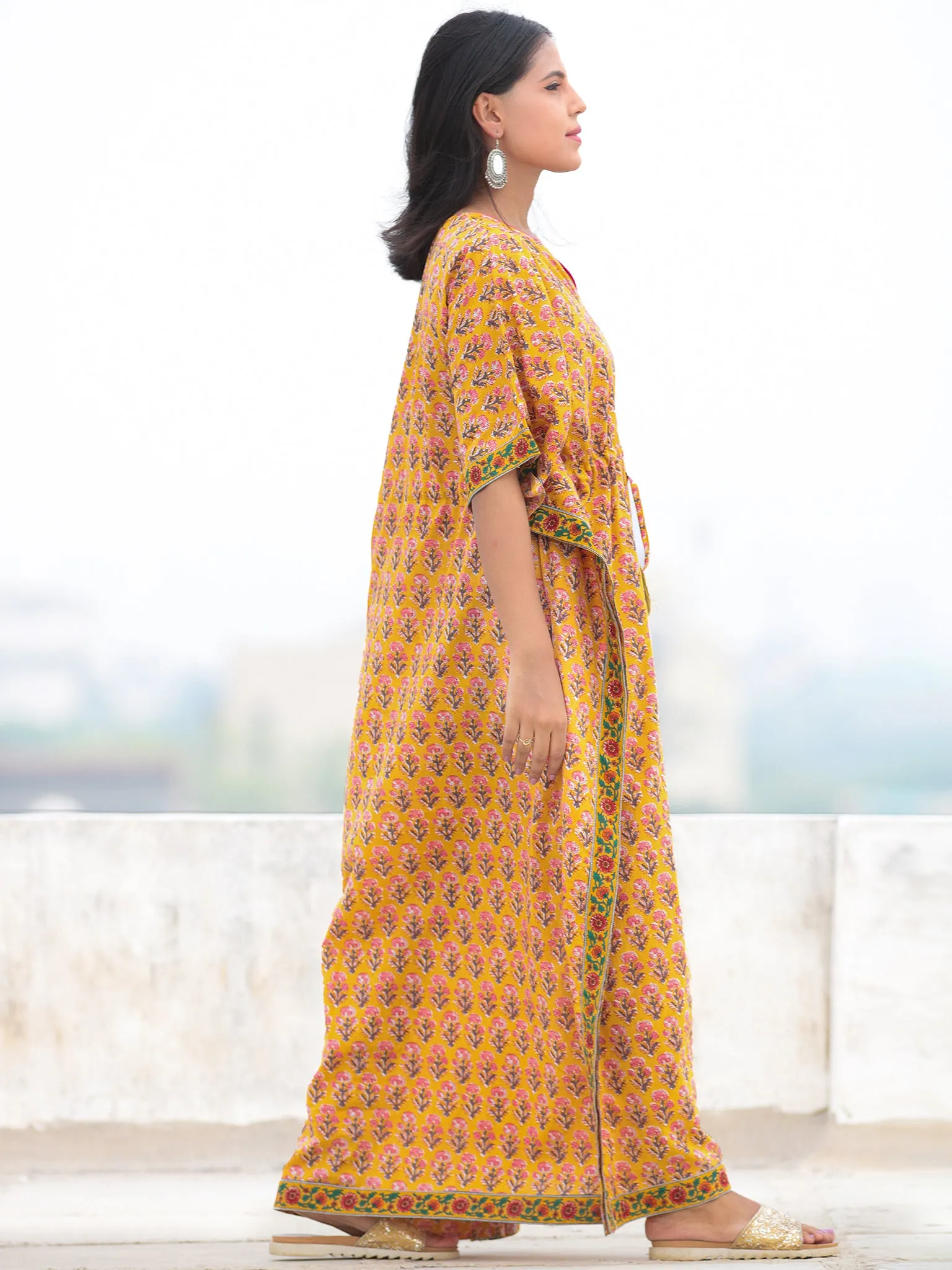 Yellow Pink Green Hand Block Printed Kaftan - K003F2056