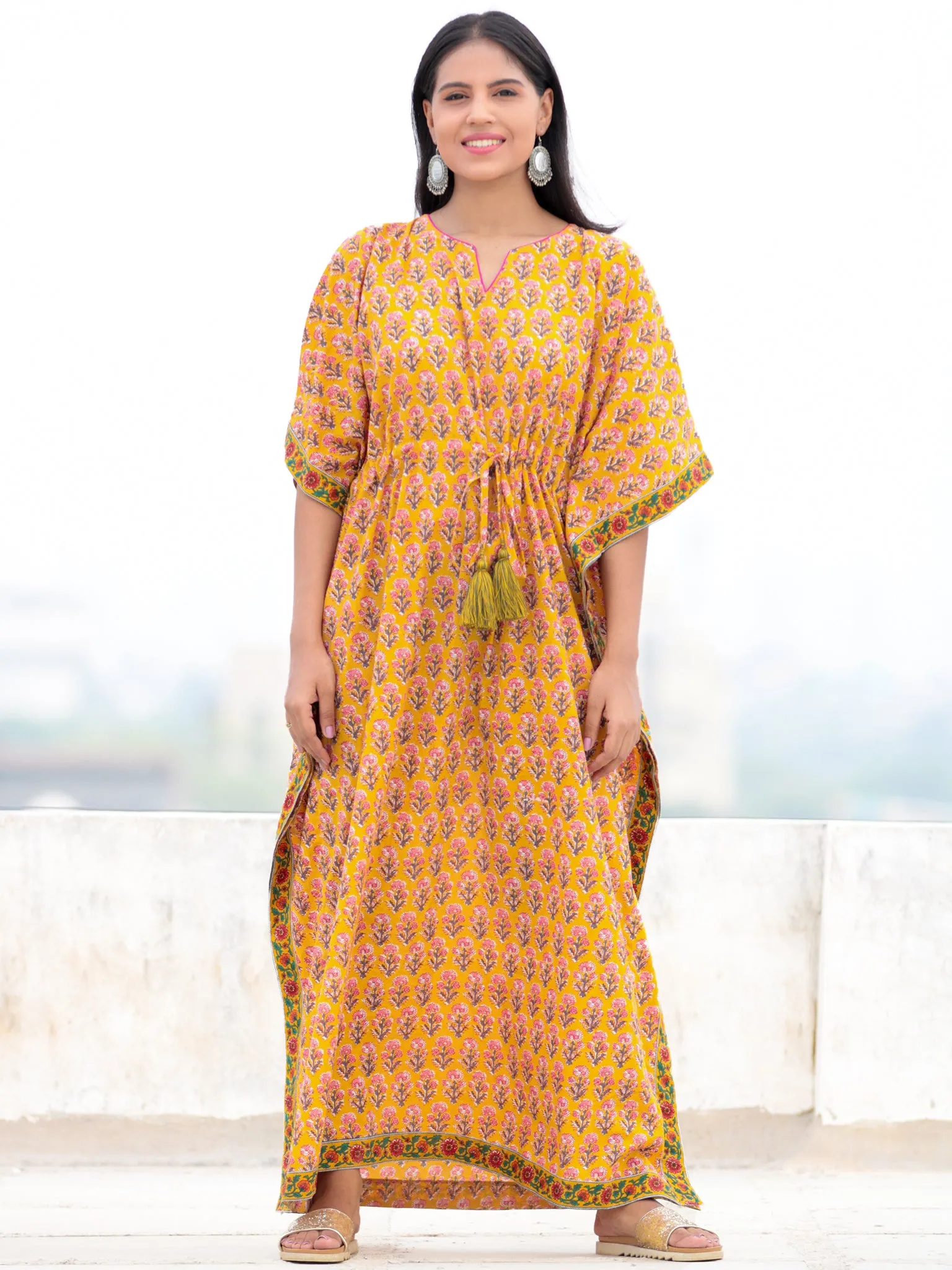 Yellow Pink Green Hand Block Printed Kaftan - K003F2056