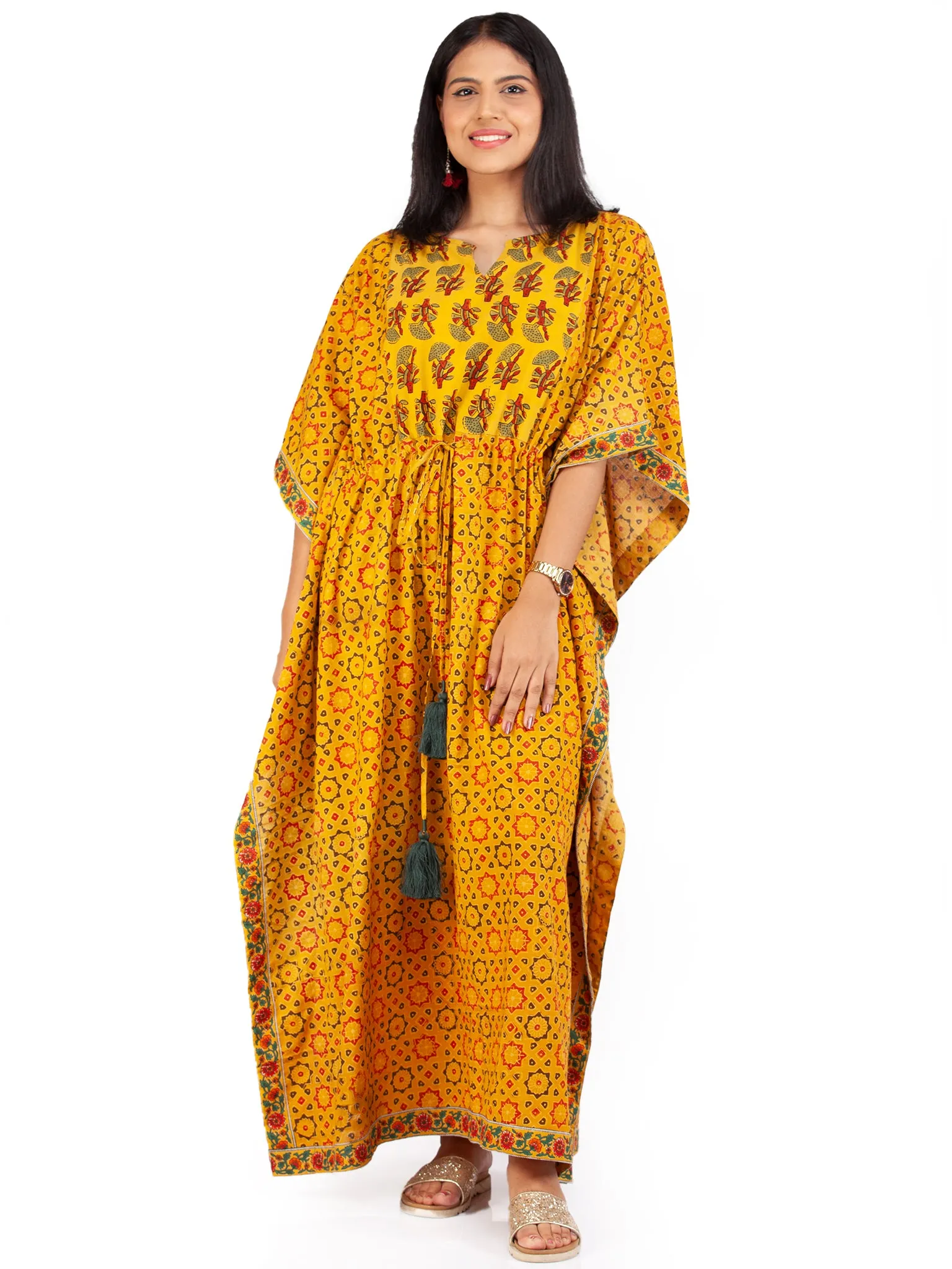 Yellow Red  Green Ajrakh Hand Block Printed Kaftan - K143F1590