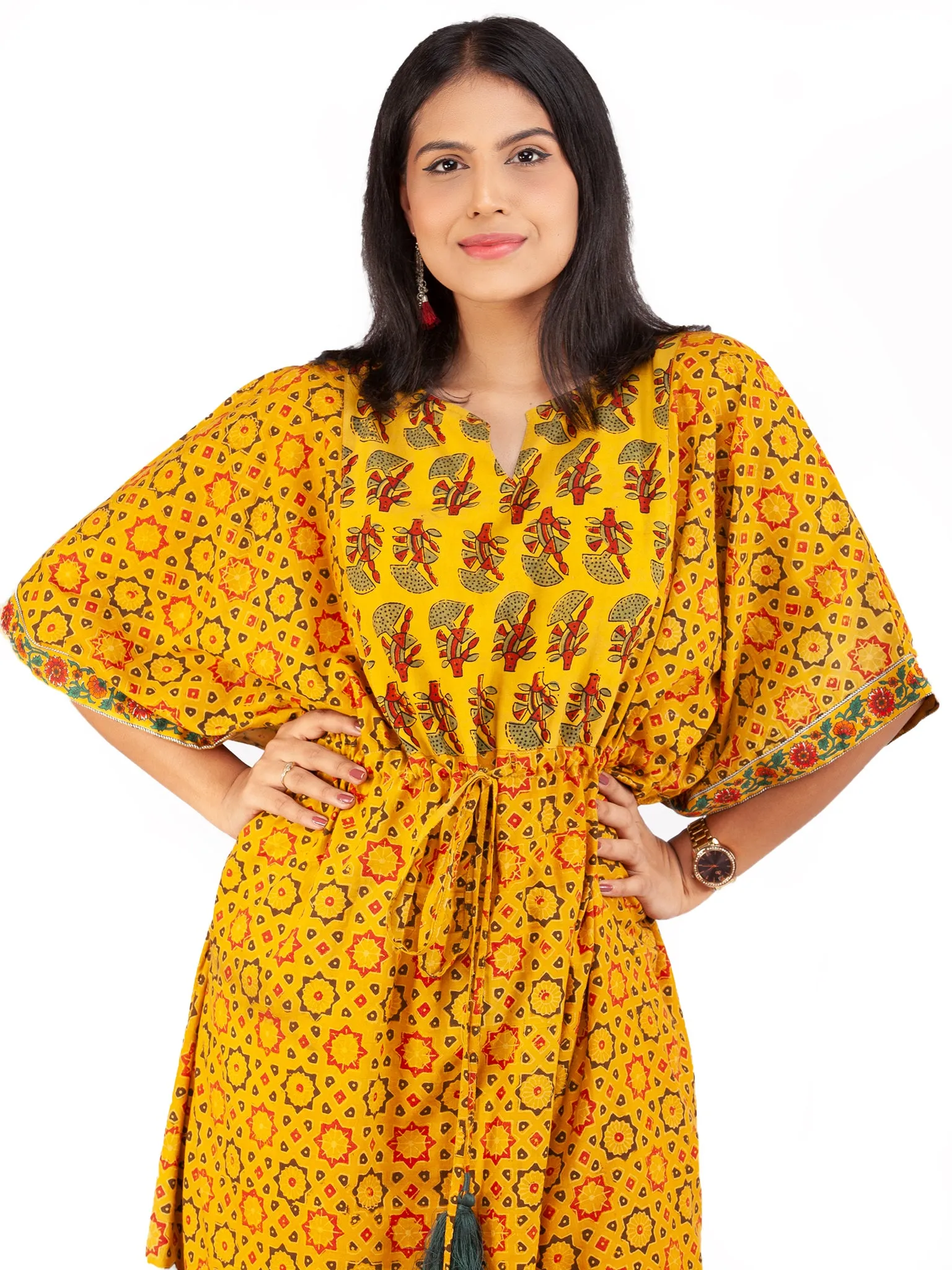 Yellow Red  Green Ajrakh Hand Block Printed Kaftan - K143F1590