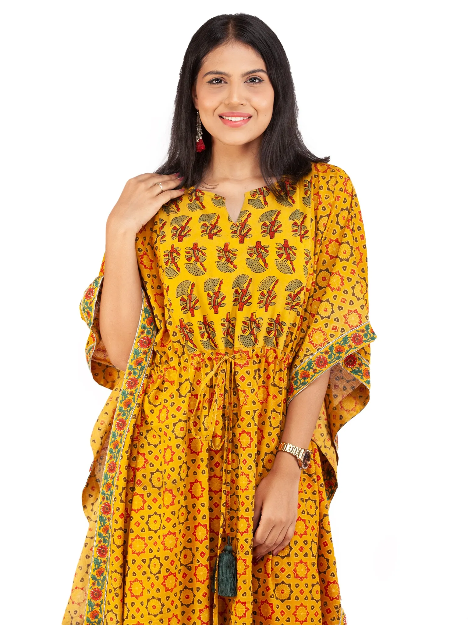 Yellow Red  Green Ajrakh Hand Block Printed Kaftan - K143F1590