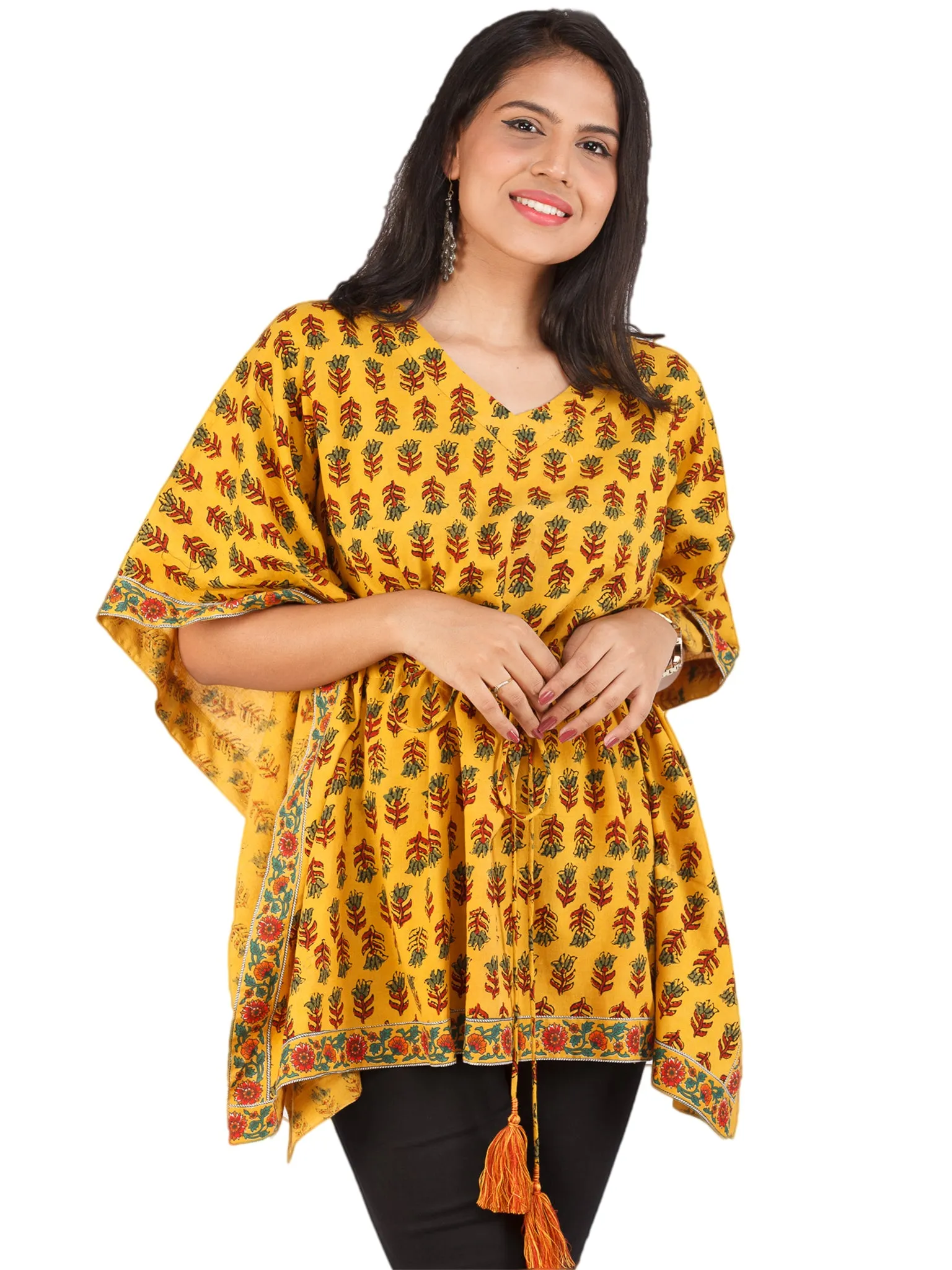 Yellow Red  Green Ajrakh Hand Block Printed Kaftan - K158F1655