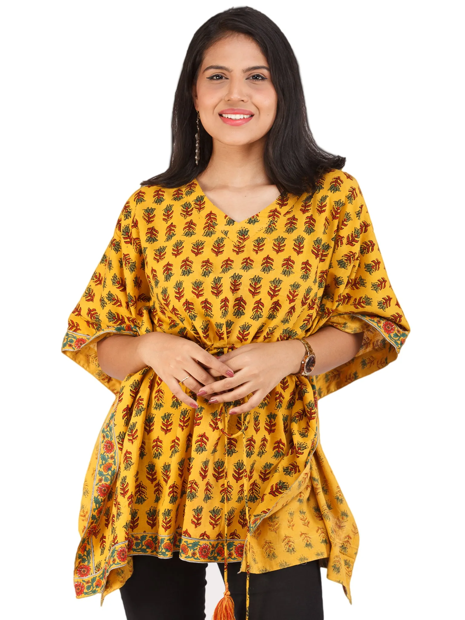 Yellow Red  Green Ajrakh Hand Block Printed Kaftan - K158F1655