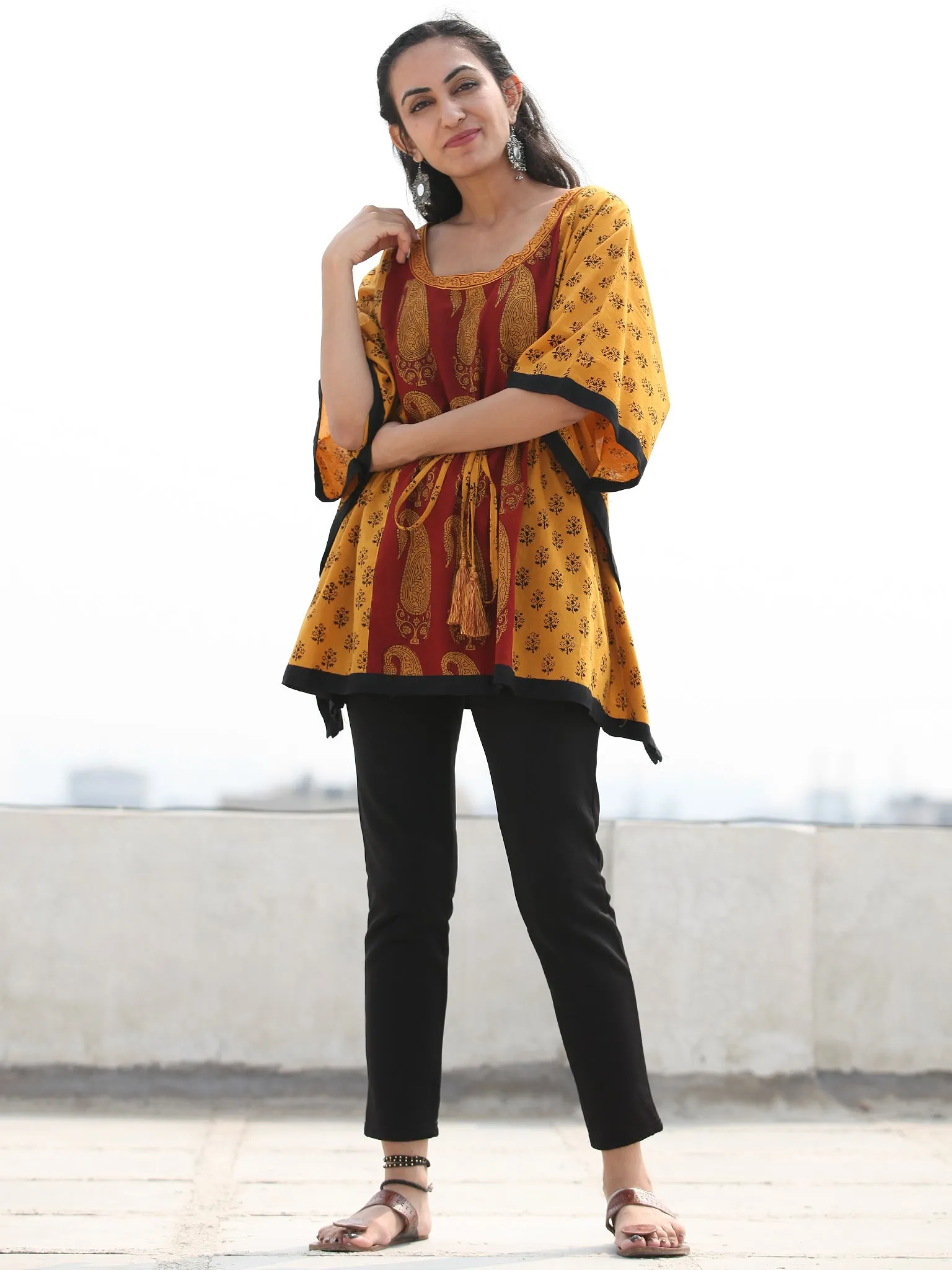 Yellow Rust Bagh Hand Block Printed Short Kaftan - K134F2097