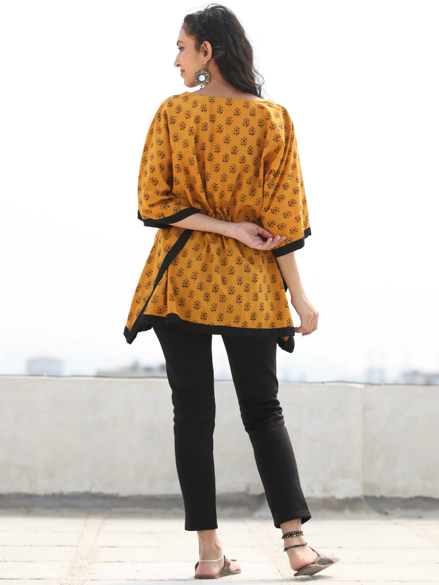 Yellow Rust Bagh Hand Block Printed Short Kaftan - K134F2097