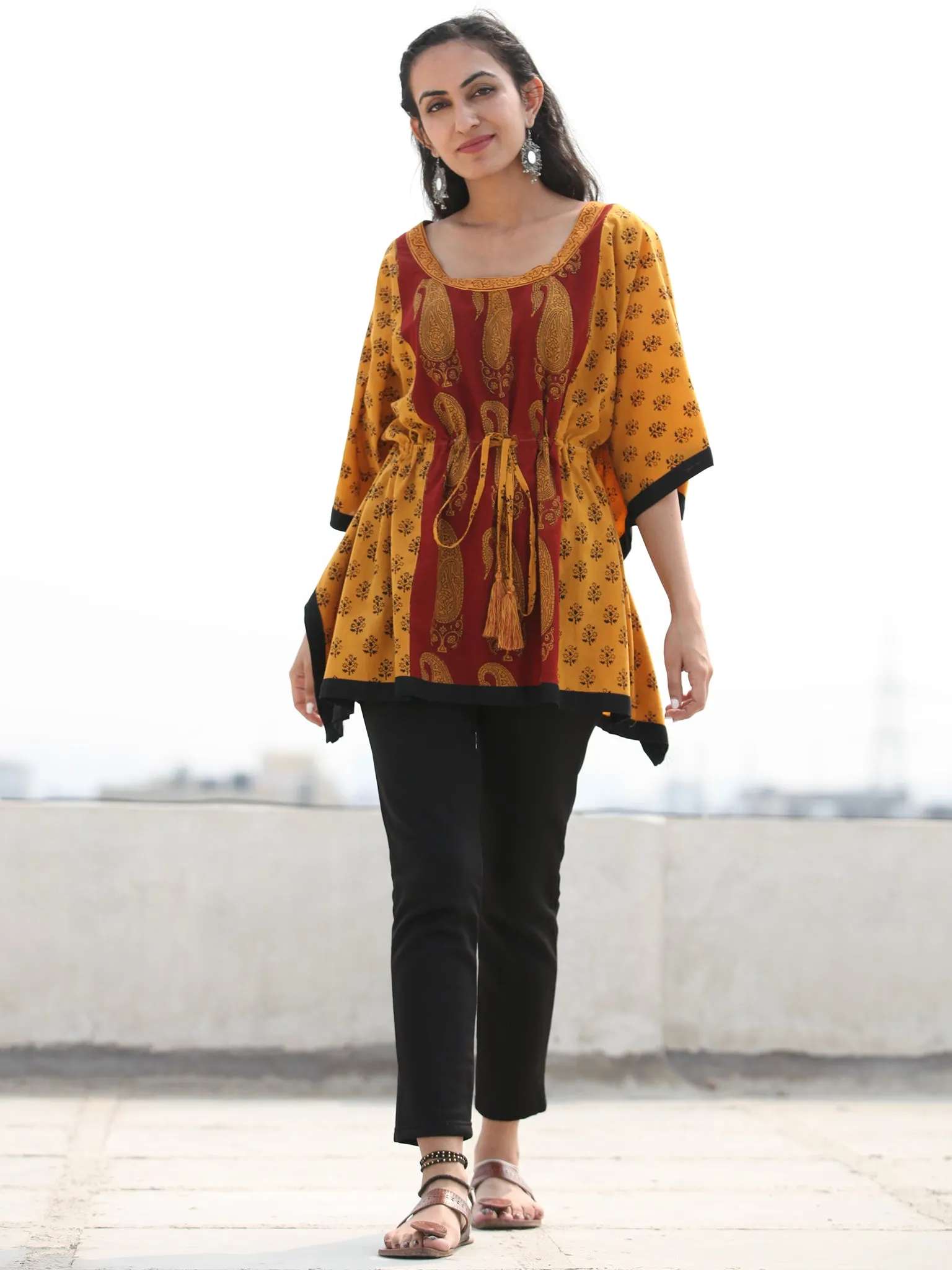 Yellow Rust Bagh Hand Block Printed Short Kaftan - K134F2097