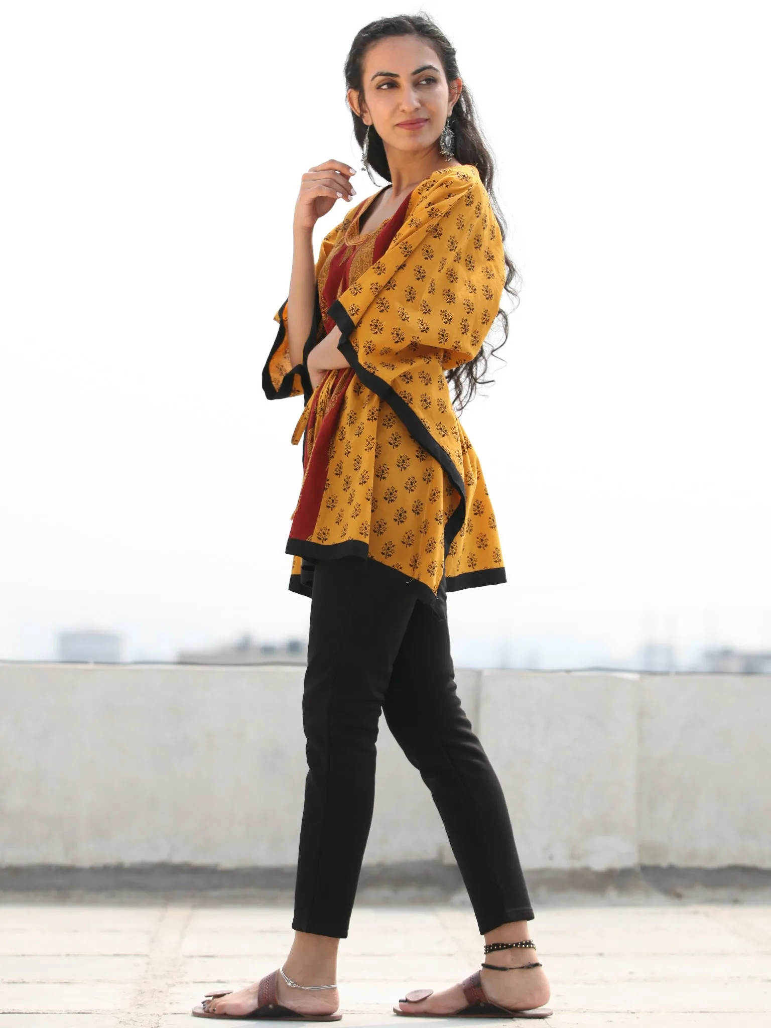 Yellow Rust Bagh Hand Block Printed Short Kaftan - K134F2097