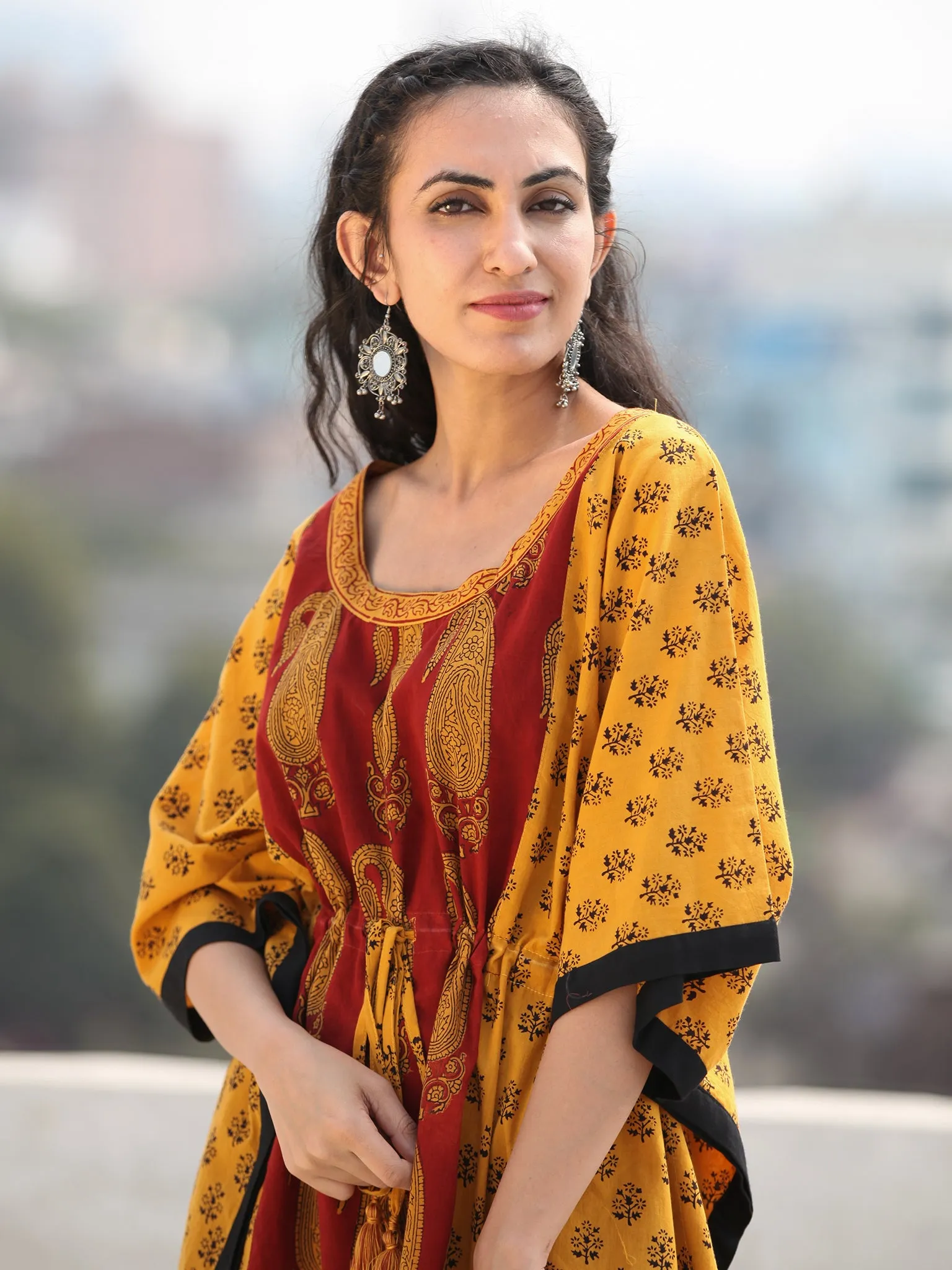 Yellow Rust Bagh Hand Block Printed Short Kaftan - K134F2097