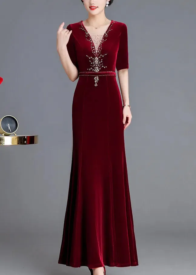 Zircon Silk Velour Long Dresses Fall